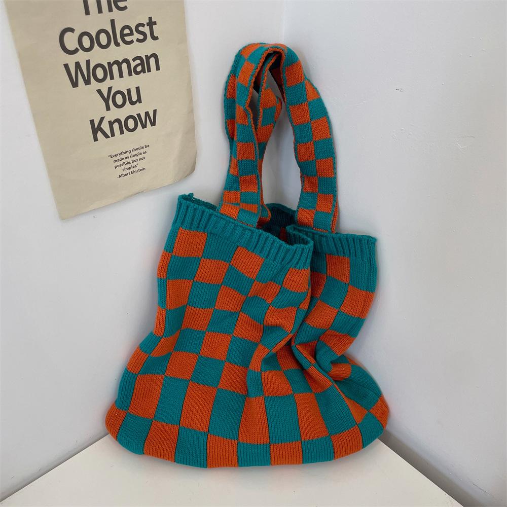 11 Knitted Checkerboard Bag Women's Autumn and Winter New Casual Tote Bag Large-capacity Portable Canvas Bag