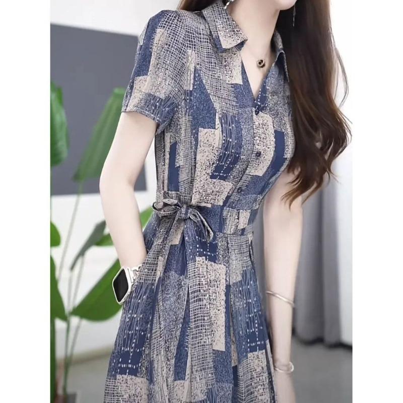 Summer Fashion Floral Print Dress Women Elegant Sash Waist Slim Midi Dress Stylish Personality