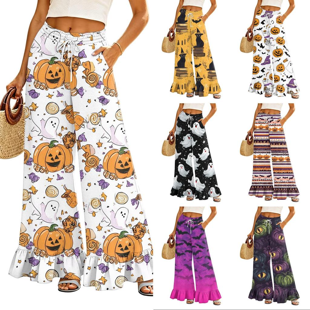 Women Wide Leg Pants with Pockets High Waist Drawstring Casual Loose Fit Halloween Print Long Trousers with Ruffle Hem
