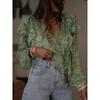 New Arrival Women's Botanical Print Off-Shoulder V-Neck Long-Sleeved Patchwork Ruffled Oversized Shirt