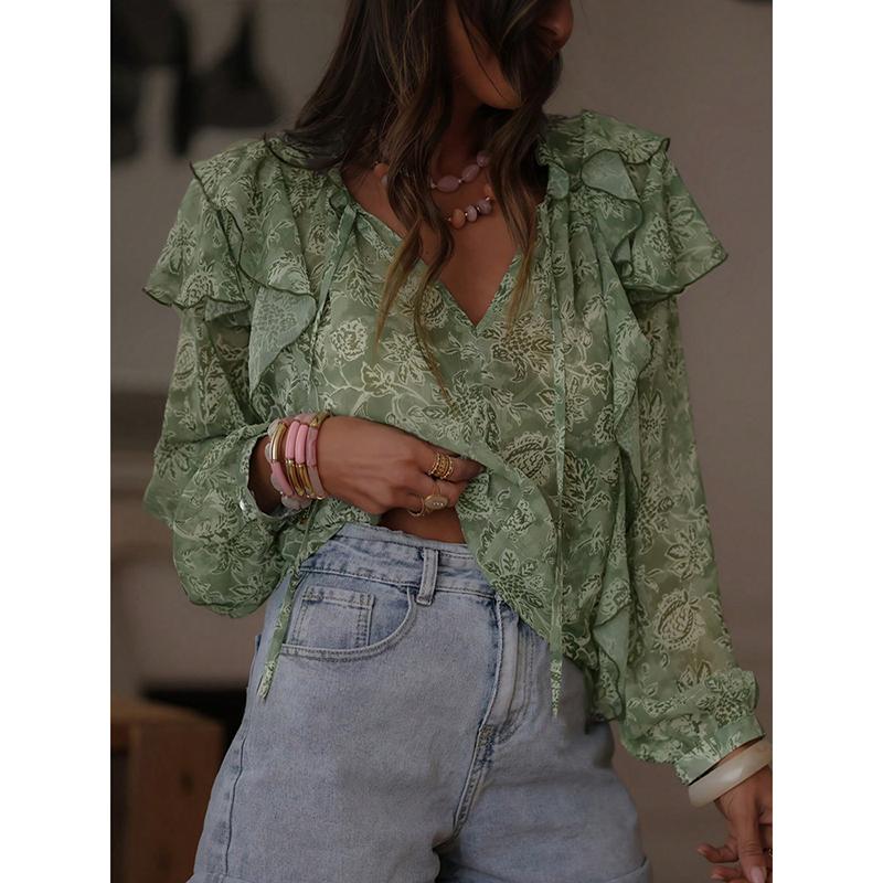 New Arrival Women's Botanical Print Off-Shoulder V-Neck Long-Sleeved Patchwork Ruffled Oversized Shirt