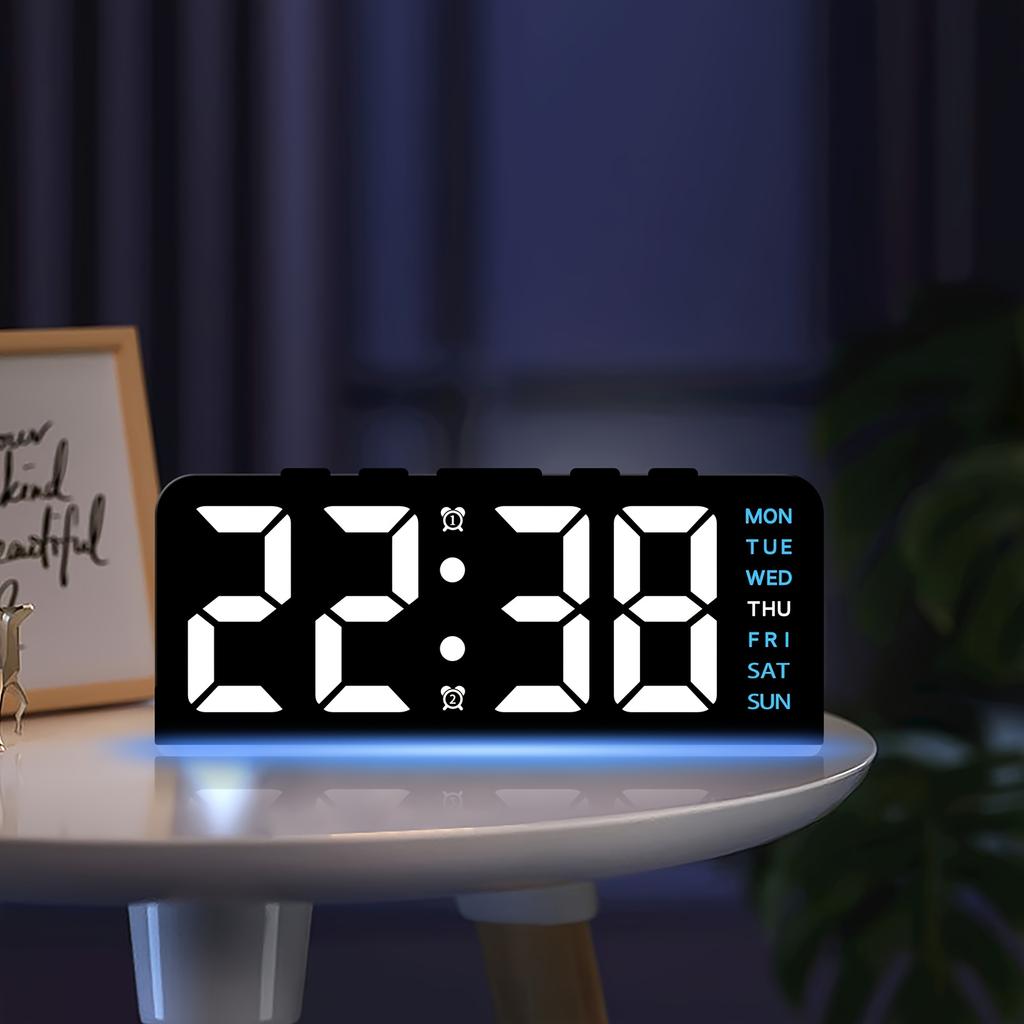 Compact Size Innovative LED Digital Alarm Clock with Atmosphere Light Date Display USB Powered, Adjustable Brightness, Flat Crown Shape