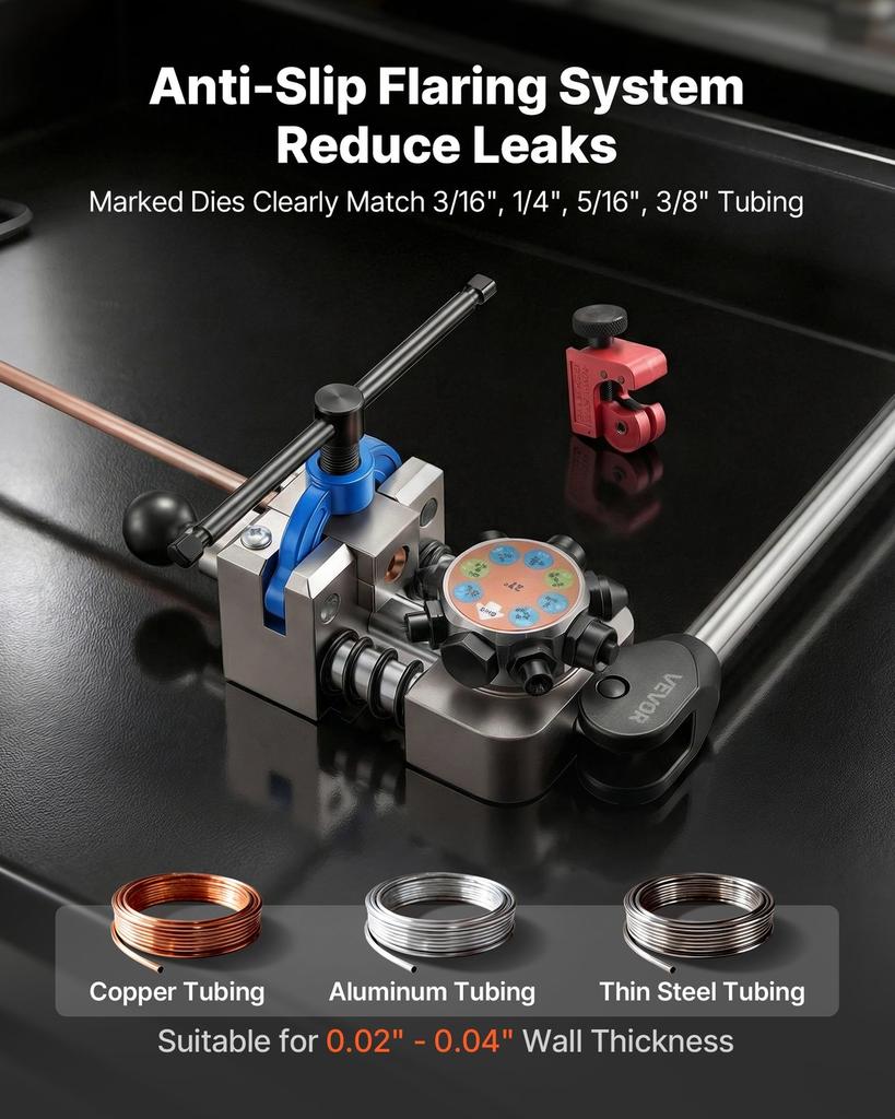 Professional Brake Line Flaring Tool, 45 & 37 Degree Double Flare Bubble Flare Tool Kit for 4.76mm, 6.35mm, 7.94mm, 9.52mm Copper Aluminum Thin Steel