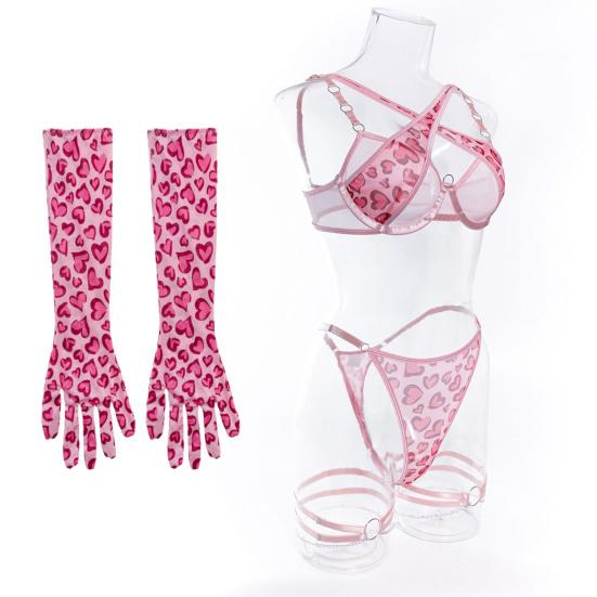 1 Set Damen Unterwäsche Set Inklusive Handschuhe und Oberschenkelringe Kettendekor Herzprint G-String Ausgeschnitten Verstellbares Kreuz