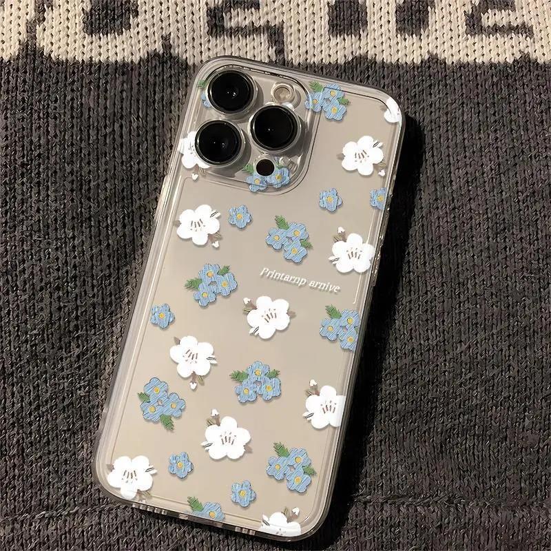 

Blue White Floral Print Pattern Design Protective Cover for iPhone 17 16 15 14 13 12 11 16E Series Pro Max Plus iphone 11 ProMax