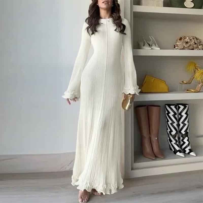 ZANZEA Vestidos vintage de color liso con cuello redondo y manga larga para mujer