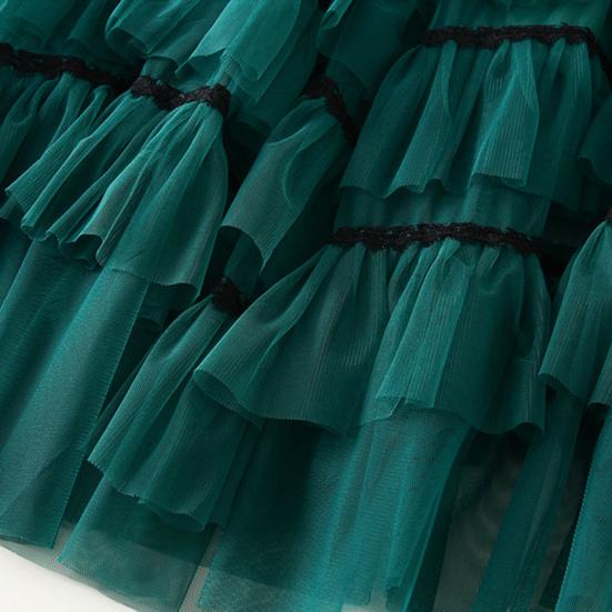 Women Skirt High Waist A-line Big Swing Ruffle Contrast Color Scattered Hem Pleated Patchwork Princess Style Elastic Waist Ankle Length Maxi Skirt