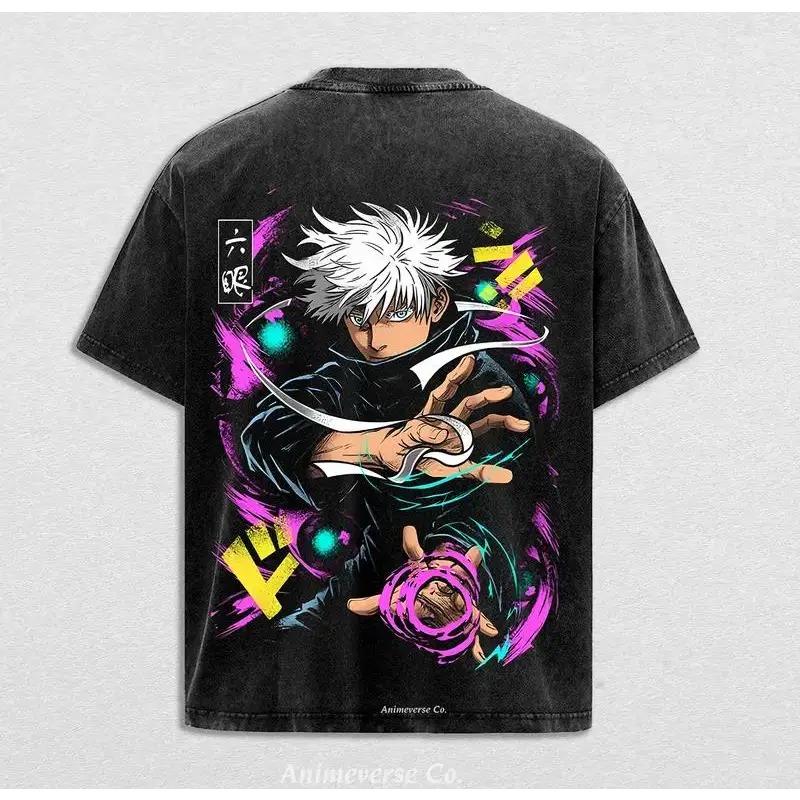 Gojo Satoru Print T-shirt Jujutsu Kaisen Anime Clothing Men Women Cotton Tshirts Vintage Washed Tee Harajuku Oversized T Shirt