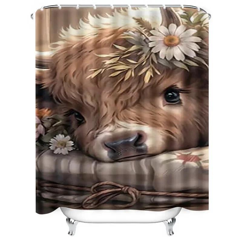 Niedliche Hochlandkuh mit Blumen Wasserdichter Duschvorhang Hitzebeständig Maschinenwaschbar Nicht-Transparent 180x180cm
