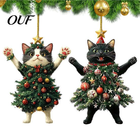 Indoor Holiday Ornaments 2Pcs Christmas Cat Acrylic Ornament, 2D Flat Kitty Hanging Pendant with Durable Santa Hat Tree Decor, Car Rearview