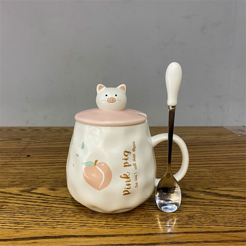 Cute Pig Cup Water Cup Household with Cover Spoon Girl Heart Mug Breakfast Cup Souvenir Ceramic Cup