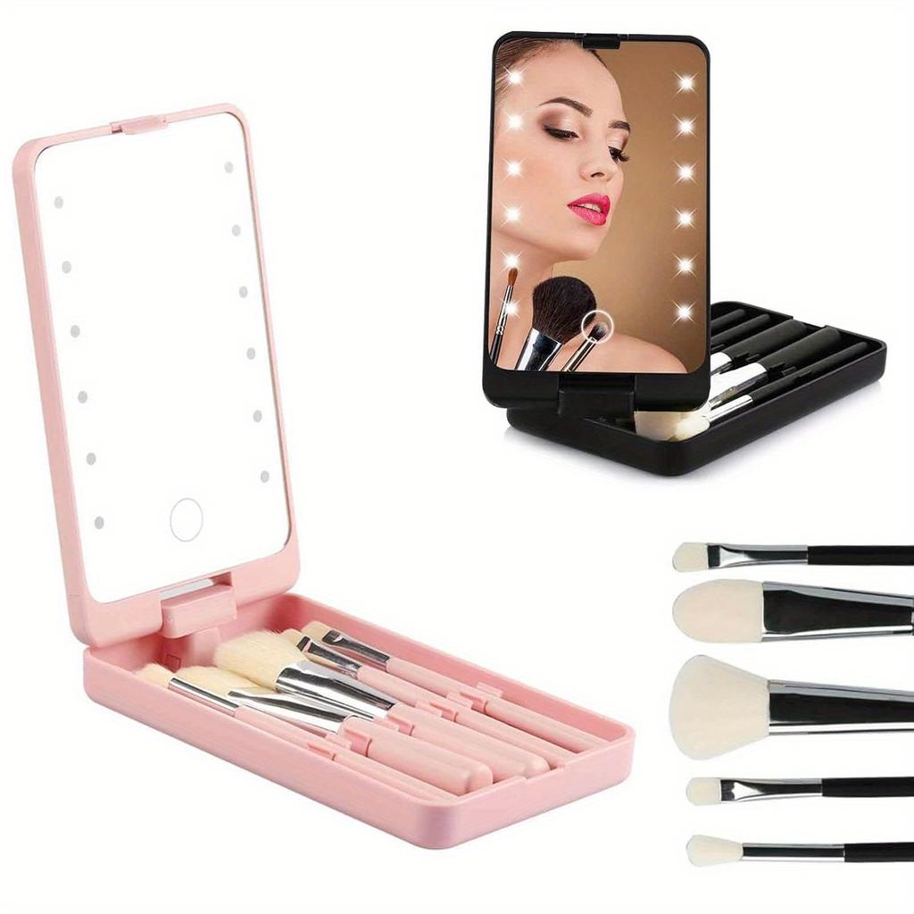 Oglindă LED pentru Machiaj cu Lumini, Set Mini de 5 Pensule, Oglindă de Călătorie Rotativă la 360°, Kit Cosmetic Portabil pentru un Machiaj Perfect în Deplasare