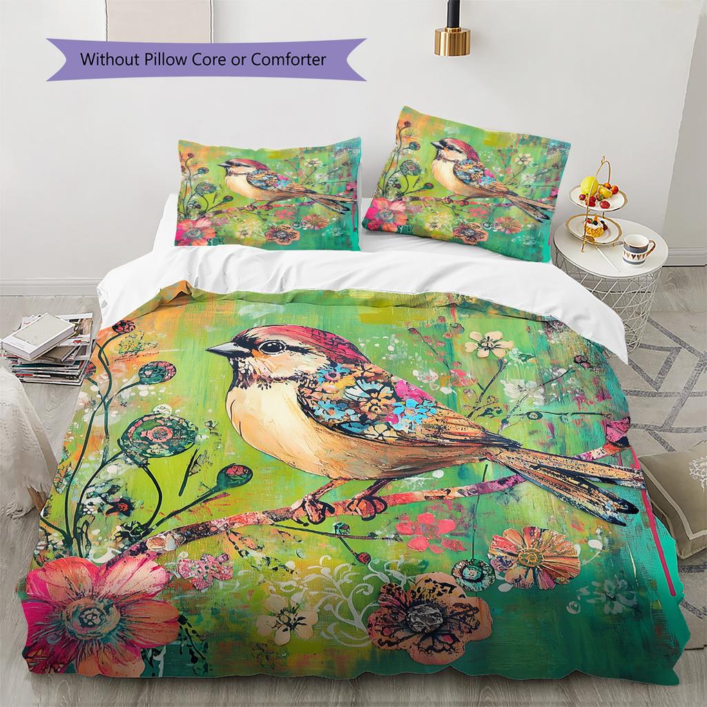 Colorful Flower Bird Pattern Bedding Quilt Set  Home Decoration  Gift (1 * duvet cover + 2 * pillowcase  without core)
