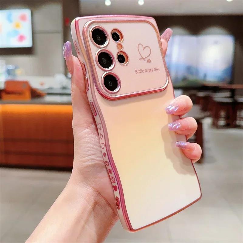 Colorful Love Heart Case For Samsung Galaxy S25 S24 S23 FE S22 Plus Ultra Shockproof Soft TPU Electroplated Wave Back Cover