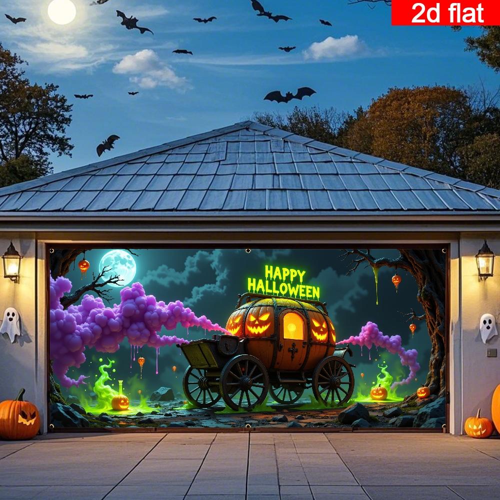 2D flat design 1 piece oversized Halloween garage door banner eerie night pumpkin carriage pattern.PMJ