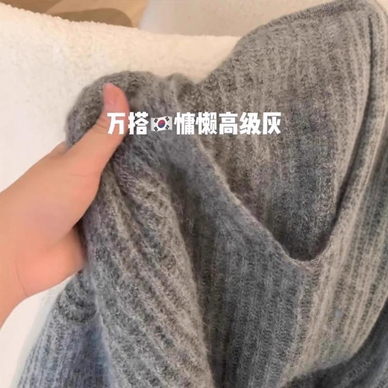 Premium Soft Waxy Gray V-neck Mohair Sweater Women's Autumn and Winter Loose Lazy Style Inner Top