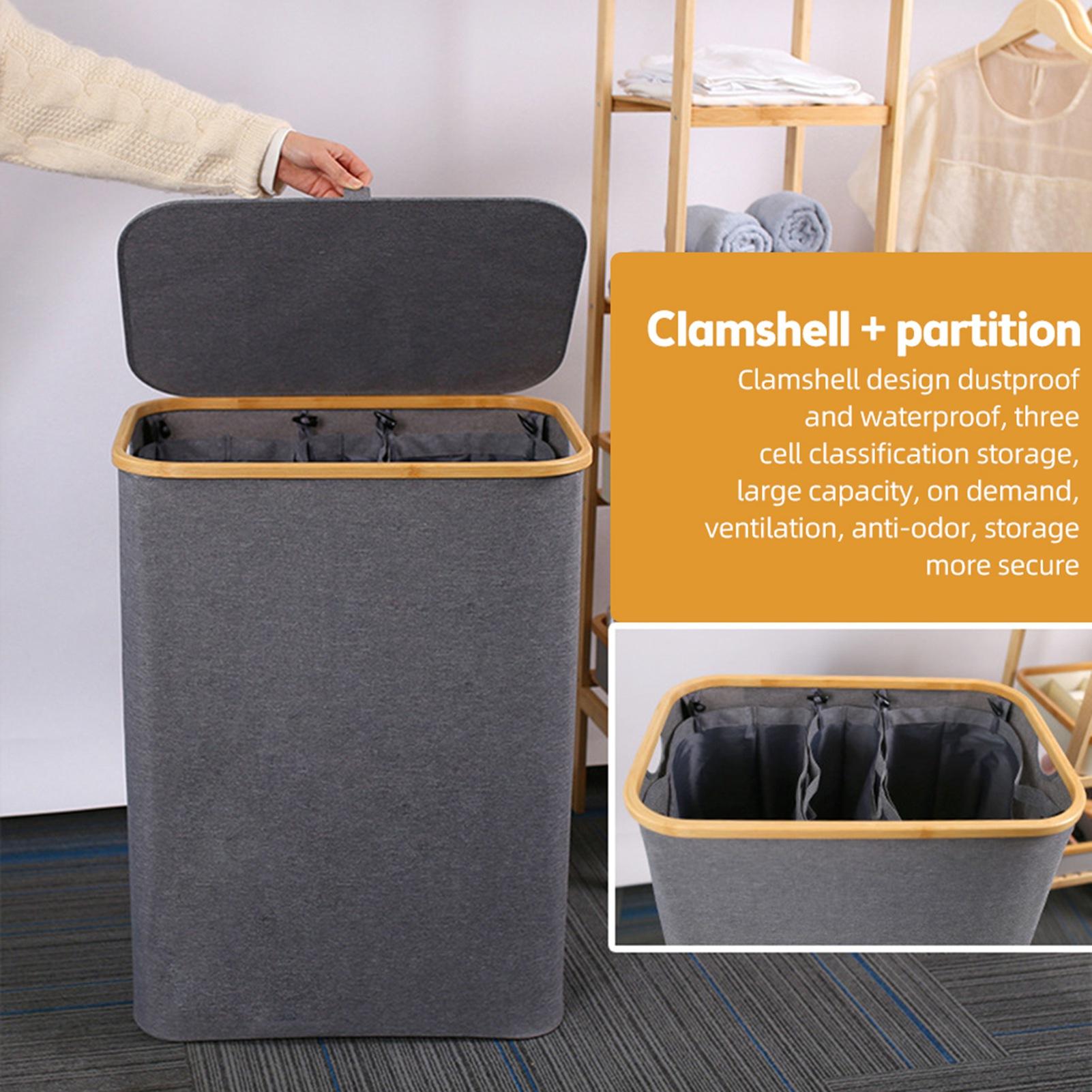 

160L Laundry Hamper with Lid Large Collapsible 3 Dividers Dirty Clothes Basket Organizer with Handles and Removable сірий