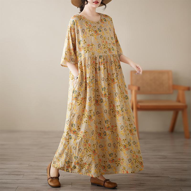 

DIMANAF 2025 New Women Plus Size Summer Loose Dress Casual Fashion Floral Dress Basic Vintage Short Sleeve One Size жёлтый