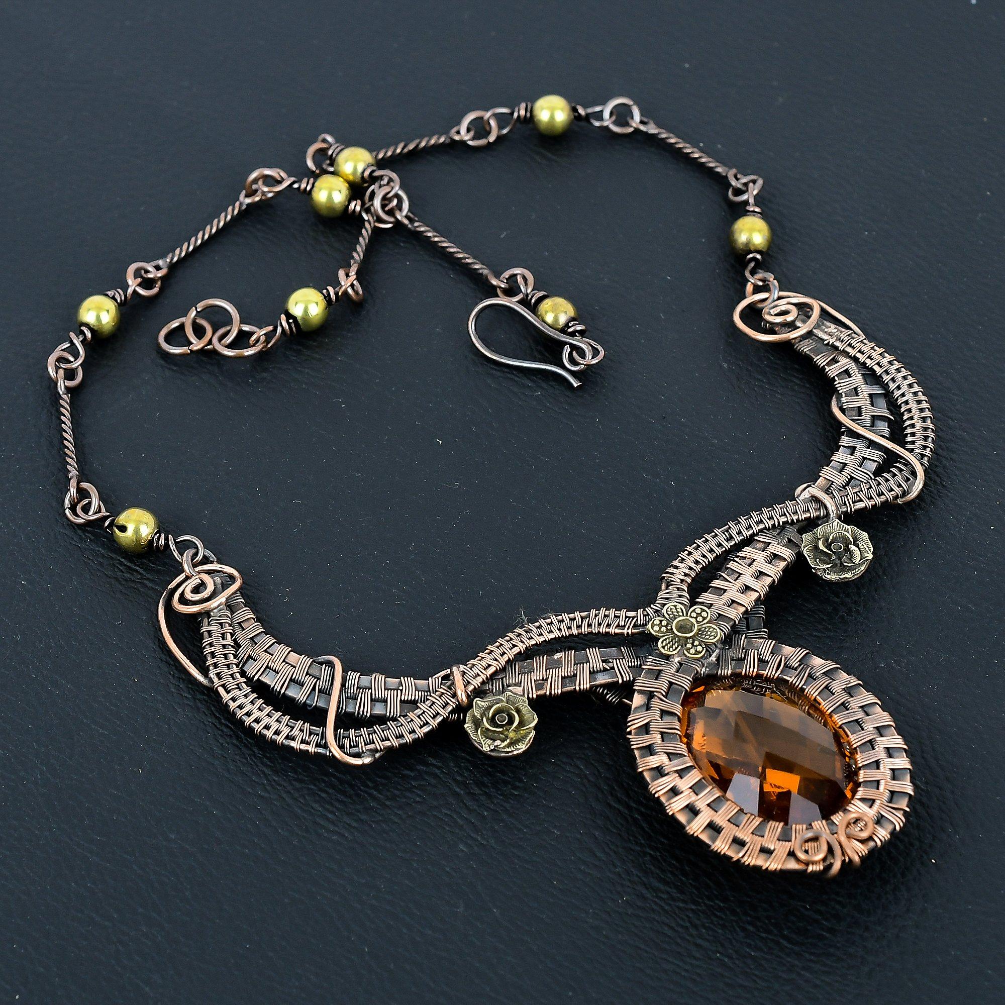 

Faceted Citrine Necklace Handmade Jewelry, 999 Copper Wire Wrapped Necklace Designer Gemstone Jewelry Adjustable Chain Necklace Gift For Mom