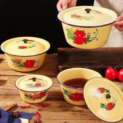 Vintage Enamel Bowls Yellow Lard Pot Creative Soup Container  Ftuit