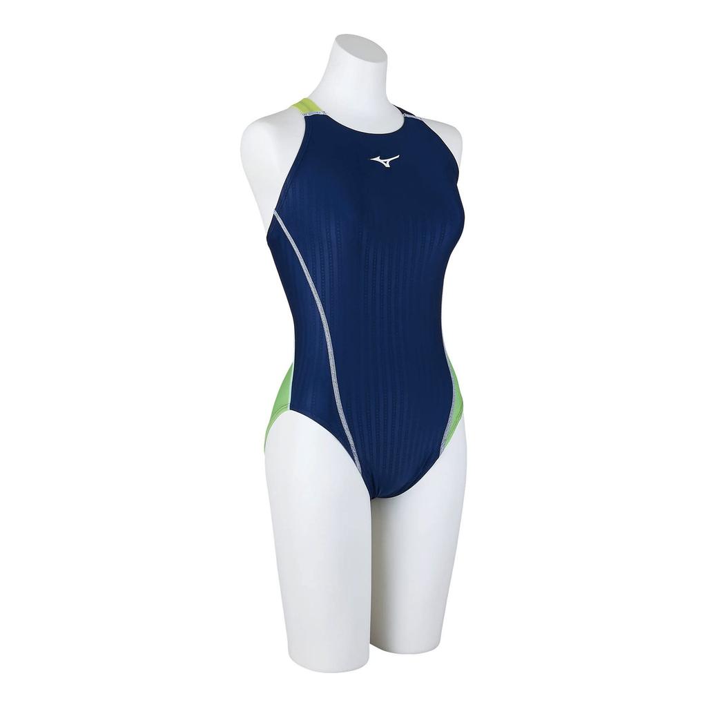 Mizuno Stream Ace Size FINA Swimming Size Size 83 Challenge Women's Low-Cut Swimsuit, Navy/Lime, S, (International Federation) Approved, N2MA2740,