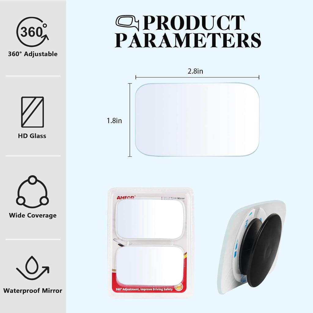 Blind Spot Mirror, Amfor HD Glass Convex Lens Frameless Adjustable Blind Spot Mirror for All Universal Vehicles Car Stick-on Design (2 PCS)