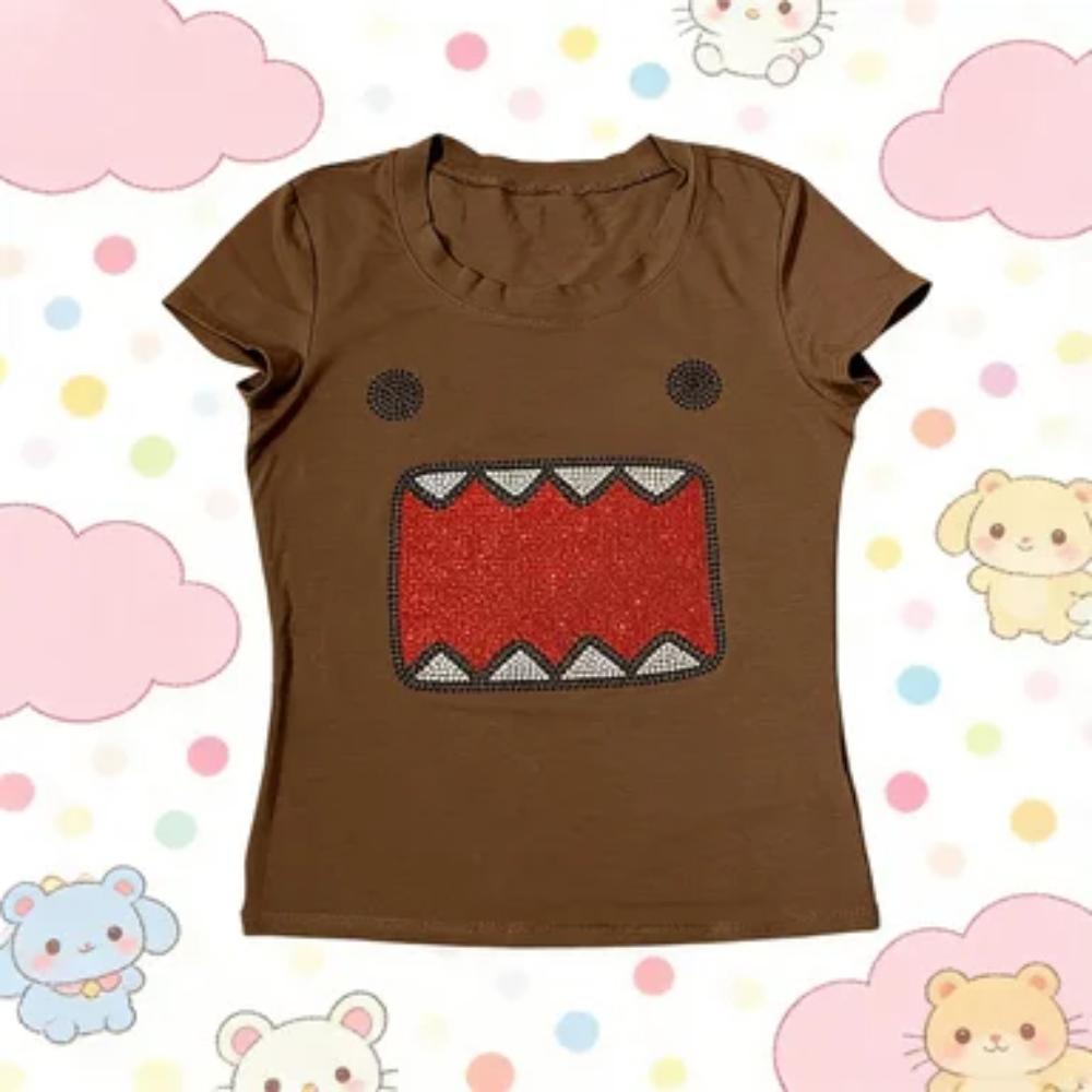 Casual Streetwear Kawaii Domo Kun Rhinestone Cartoon 2000s Quality Round Neck Short Sleeves Simple Daily Routine Fit T Shirt Top