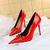 Red White Metal Buckle Wedding Shoes Women  New Patent Leather Shallow High Heels Pumps Fashion Pointy Toe Party Shoes Woman