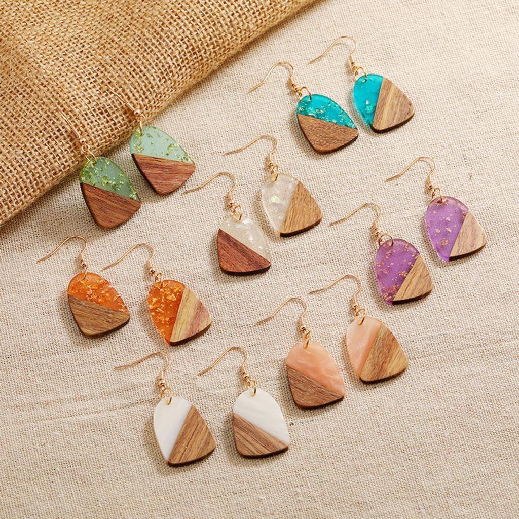 Vintage Resin Wood Effect Resin Ear Wire Hook Earrings Gold Color Multicolor Geometric Splicing Pendant Drop Earrings For Women