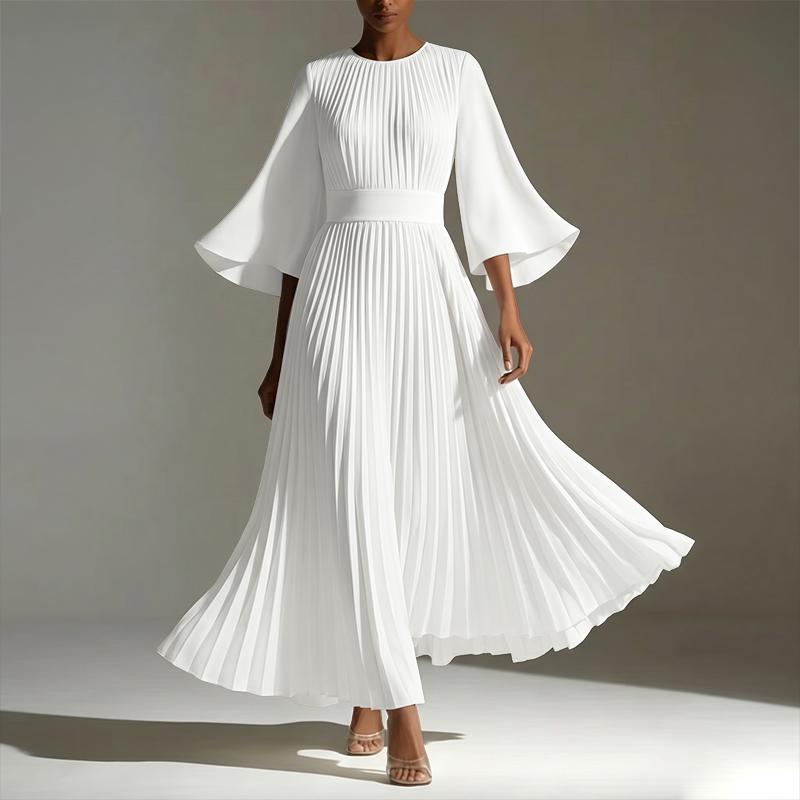 ZANZEA Women Elegant Casual Round Neck 3/4 Sleeve Loose Pleated Long Dress S