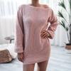Autumn Winter Women's Knit Sweater Dresses One-Word Collar Louj Casual Loose Knitted Sweater Dress