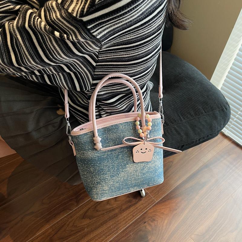 Summer trend contrasting color small bag women's new fashion messenger bag casual denim portable bucket bag