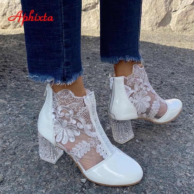 Fashion Aphixta Plus Size 43 Summer Breathable Sandals Boots Women Lace Air Mesh Crystals Transparent Square Heels Back Zipper Boots