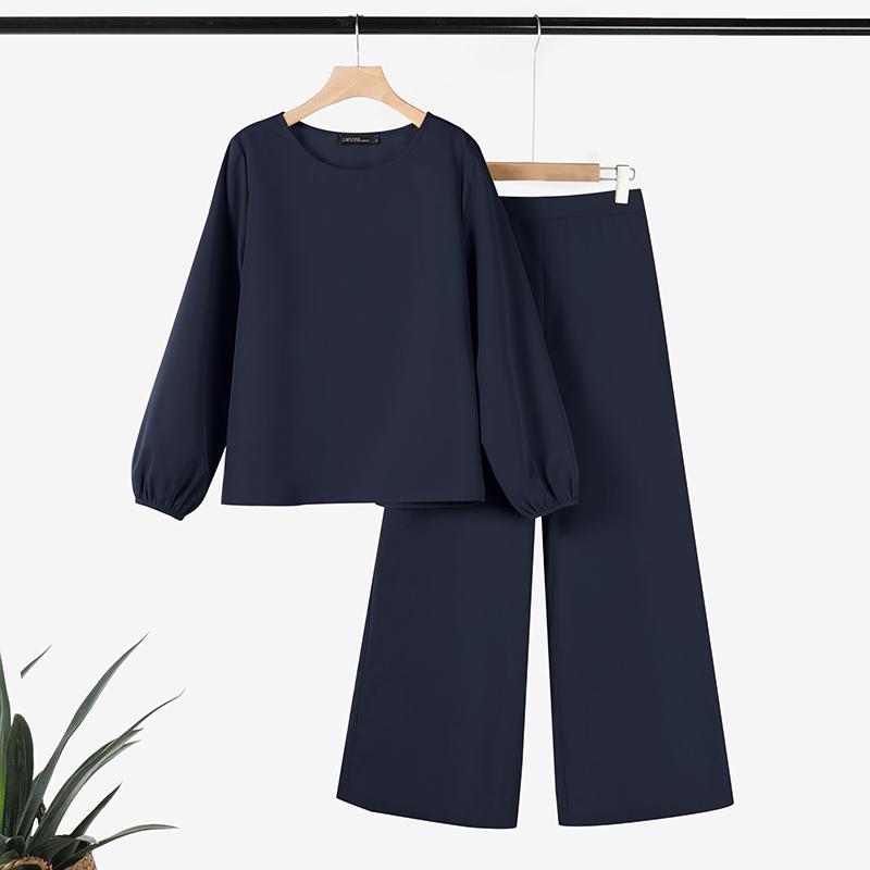 

ZANZEA Женская блузка с длинными рукавами и брюки повседневные комплекты из двух предметов 5XL темно-синий
