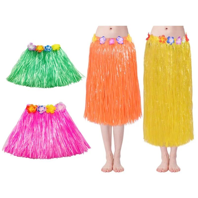 Girls Hawaiian Grass Hula Skirt Costume Set Vibrant Color Performance Dress with Flower Decor for Birthday Party Decor