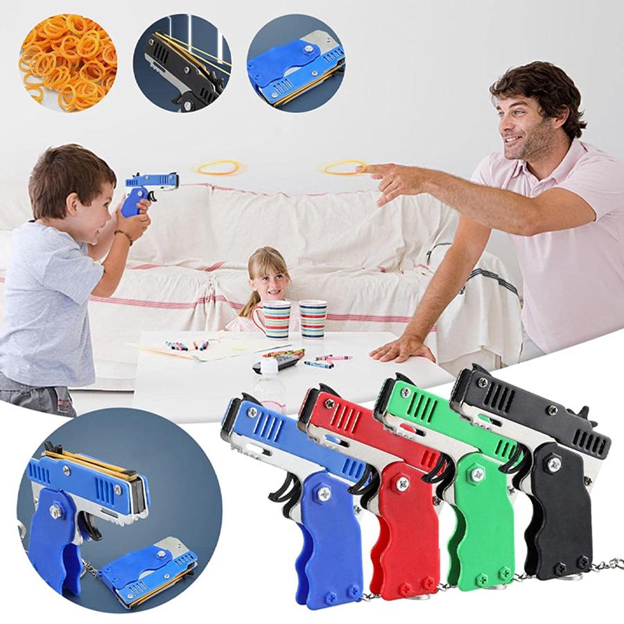 Metal Burst Rubber Band Toy - Mini Folding Launcher Toy With Keychain And 60pcs Rubber Bands,Perfect Gift for Christmas