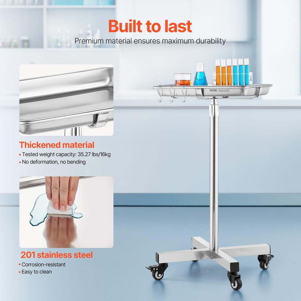 Mobile Mayo Stand Stainless Steel Mayo Tray 25.2"-39.8" with Removable Tray