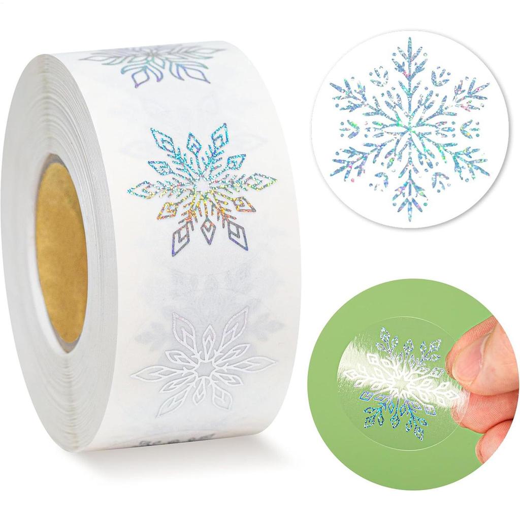 Snowflake Stickers Roll 500 Pieces Round Self-Adhesive Transparent Christmas Labels Holiday Crafts Label Roll Envelope Decal