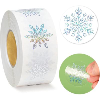 Snowflake Stickers Roll 500 Pieces Round Self-Adhesive Transparent Christmas Labels Holiday Crafts Label Roll Envelope Decal