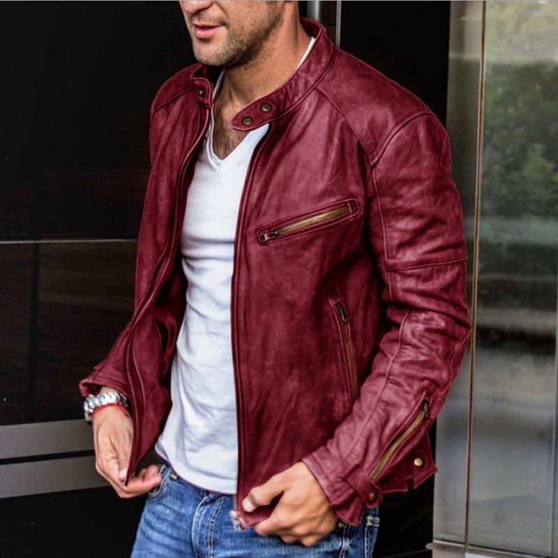 Mens Stand Collar PU Leather Jacket Punk Biker Style Loose Fit Winter Outerwear Young Adults