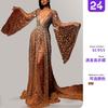 Spring and Suer, Women's New Dress, Long-sleeved Deep V Long Dress, Perspective Sprinkling Gold Dress
