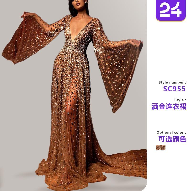 Spring and Suer, Women's New Dress, Long-sleeved Deep V Long Dress, Perspective Sprinkling Gold Dress