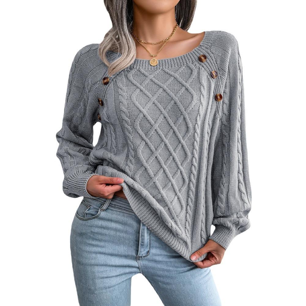Europe and The United States Women's Fall and Winter Loose Casual Square Neck Pin Buckle Twist Knit Pullover Sweater