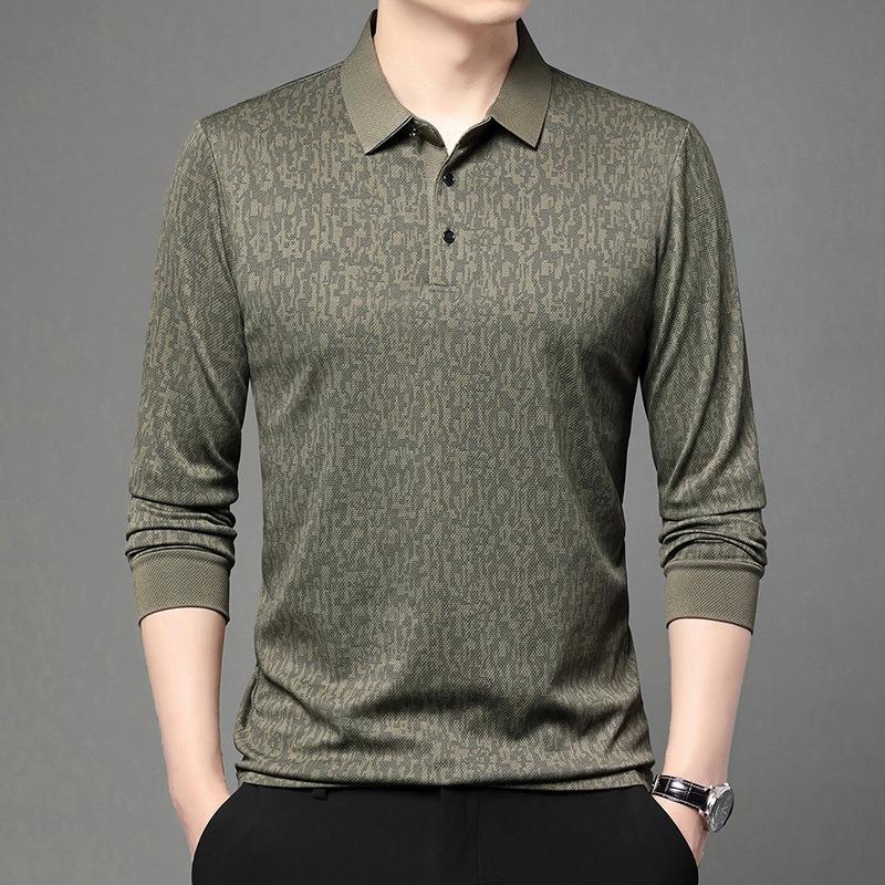 Mens Long Sleeve Jacquard Polo Shirt Business Casual Spring Autumn Top