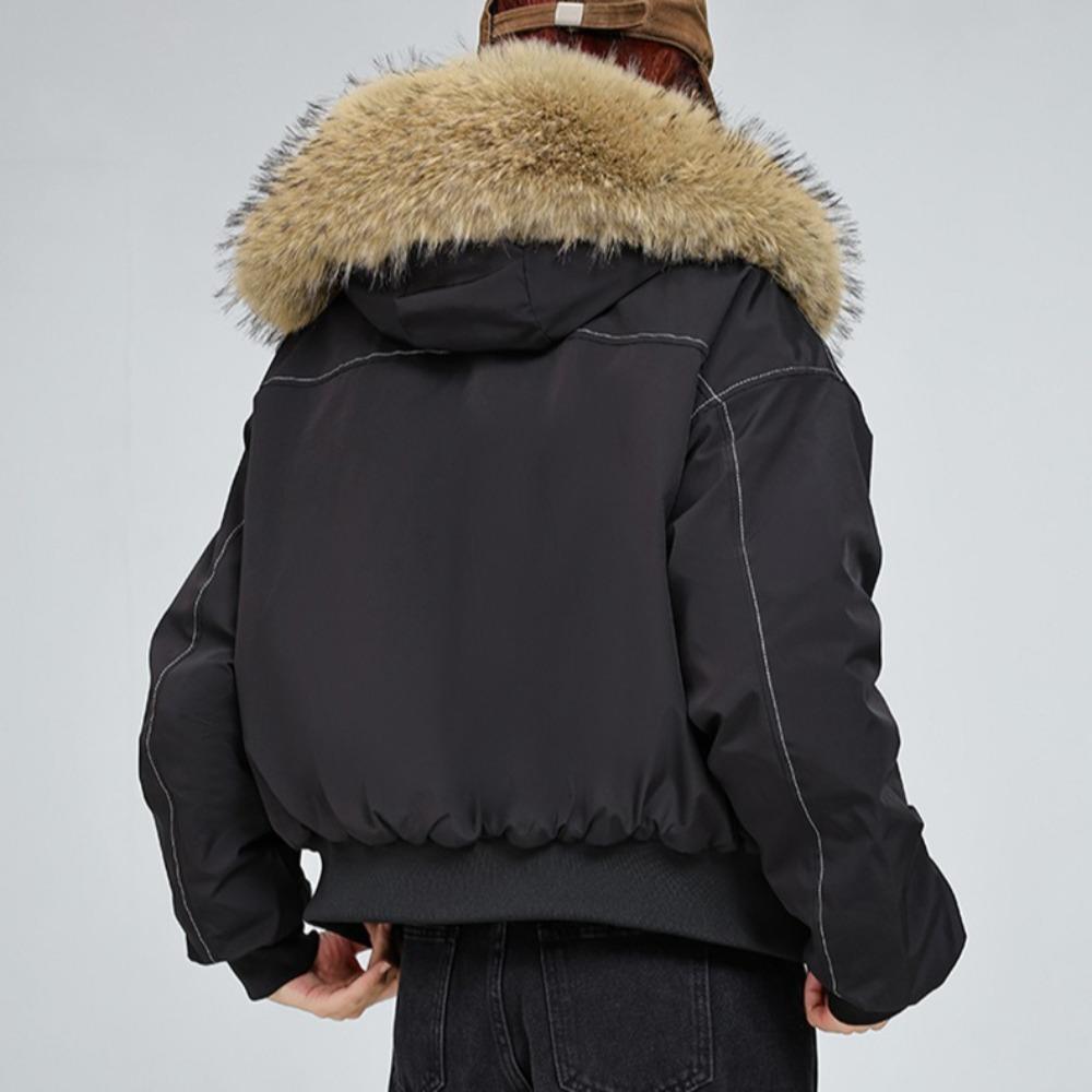Women Short  Puffer Jacket Large Faux Fur Hood Collar Zip‑Up Stitched Detail Warm Winter Casual Outerwear