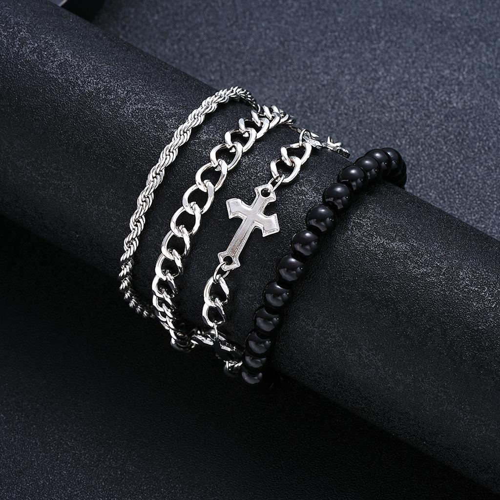 4 Pcs Stainless Steel Bracelet Set For Men Women Punk Fashion Cross Beads Chain Bracelets Simple Hip Hop Unisex Jewelry Gift