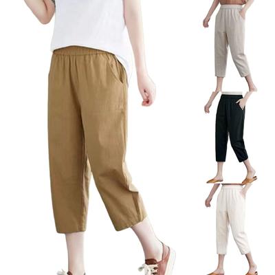 Women's Fashion Casual Loose Solid Colour Thin  Cotton Linen High Waisted 7/10 Pants