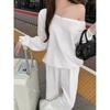 Kumikumi Idle Style Set White Sloping Shoulder Long Sleeve Hoodie Women Autumn High Waist Slimming Casual Pants Two-piece Set