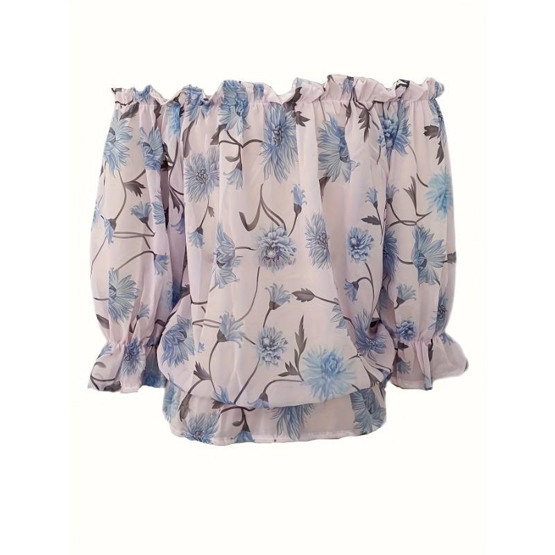 Sommer Bootausschnitt Bedrucktes Chiffon-Hemd Halbtransparent Dünnes Laternenärmel Top für Damen