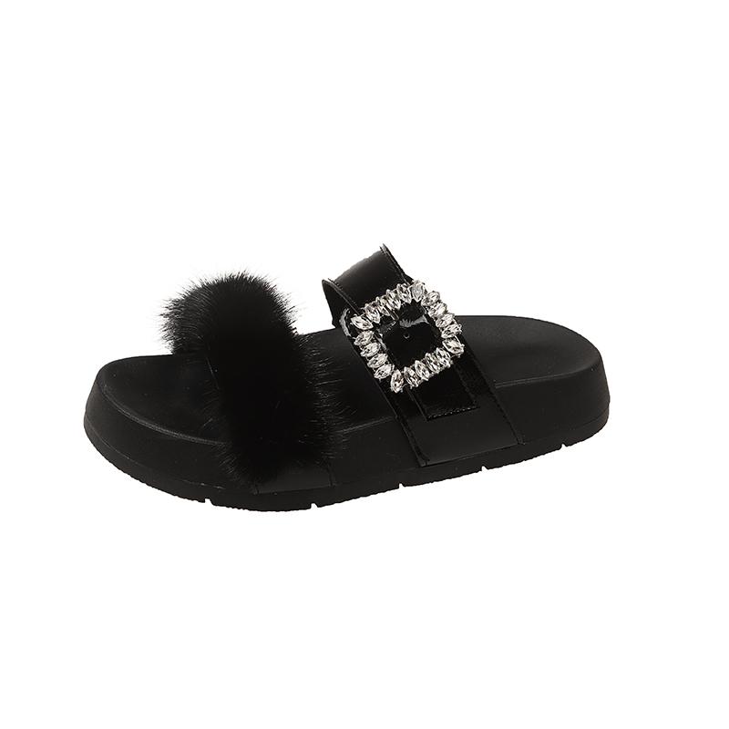 Fashion Women Summer Casual Fluffy Slippers With Fur Flat Non-Slip Fox Fur Furry Slides Large Size Shoes Fur Sandals